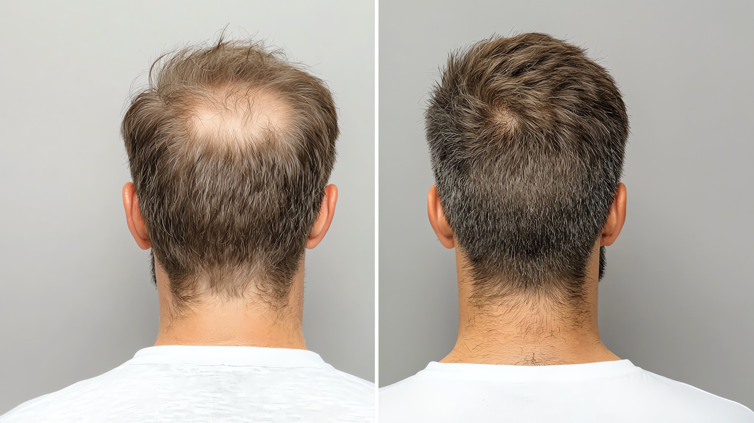 Before and after comparison of a man's hair restoration.